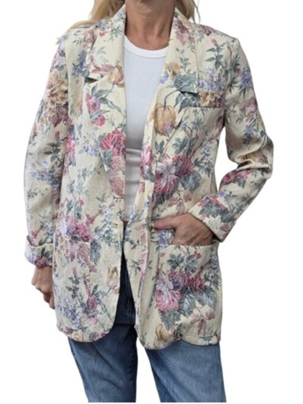 Vintage 90s Leslie Fay Floral Tapestry Jacquard Blazer Jacket Size 10